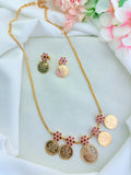 Tradition in modern elegance - Microgold polish lakshmi coin chain and matching earrings highlighted with ruby stones