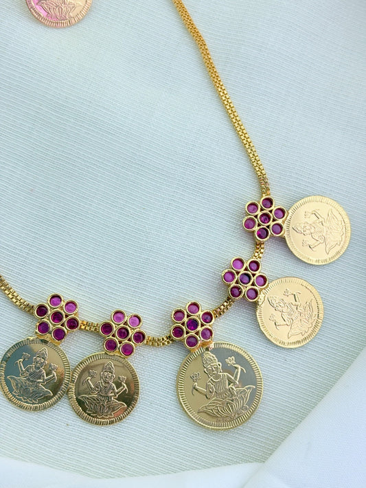 Tradition in modern elegance - Microgold polish lakshmi coin chain and matching earrings highlighted with ruby stones