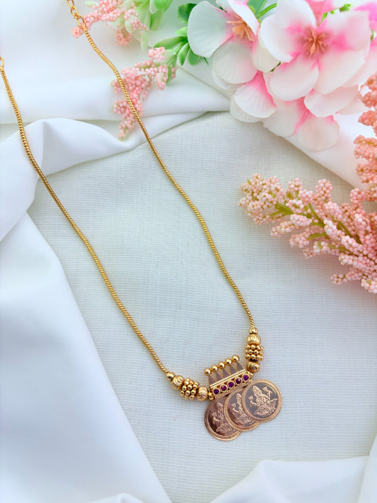 Traditional lakshmi coin chain in microgold polish highlighted with ruby stones