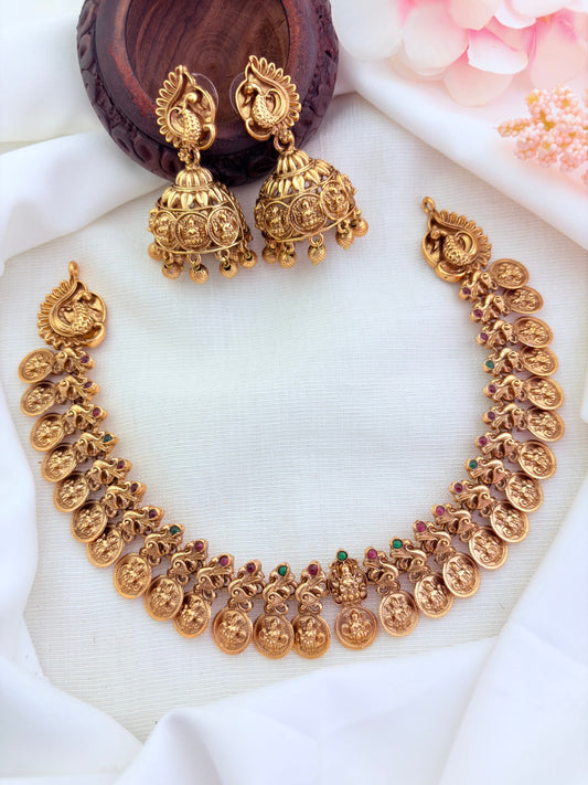 Traditional laskhmi coin and peacock pattern matte finish necklace with matching earrings