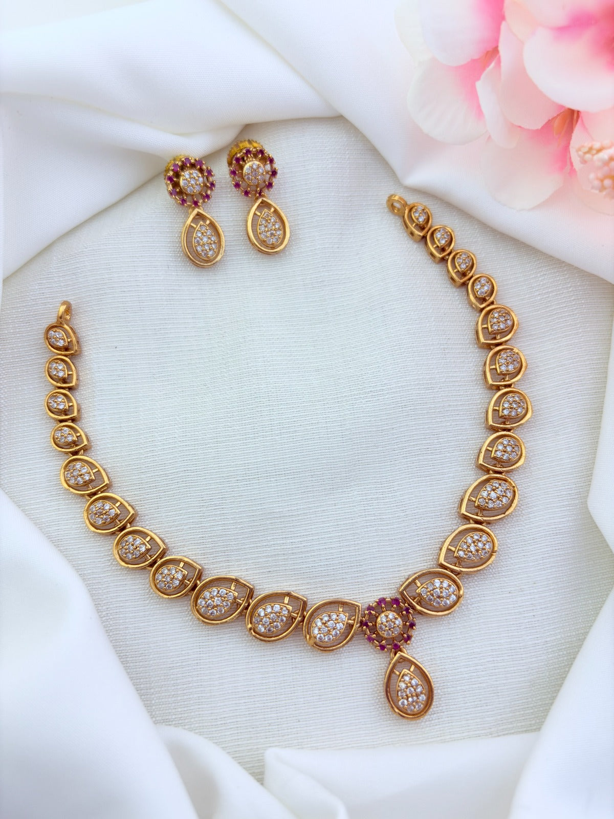 Stylish premium matte finish AD stone necklace with matching earrings