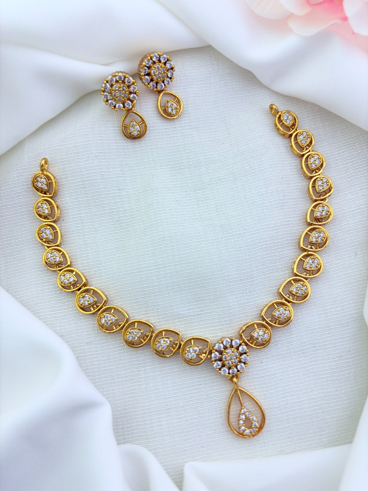 Stylish premium matte finish AD stone necklace with matching earrings