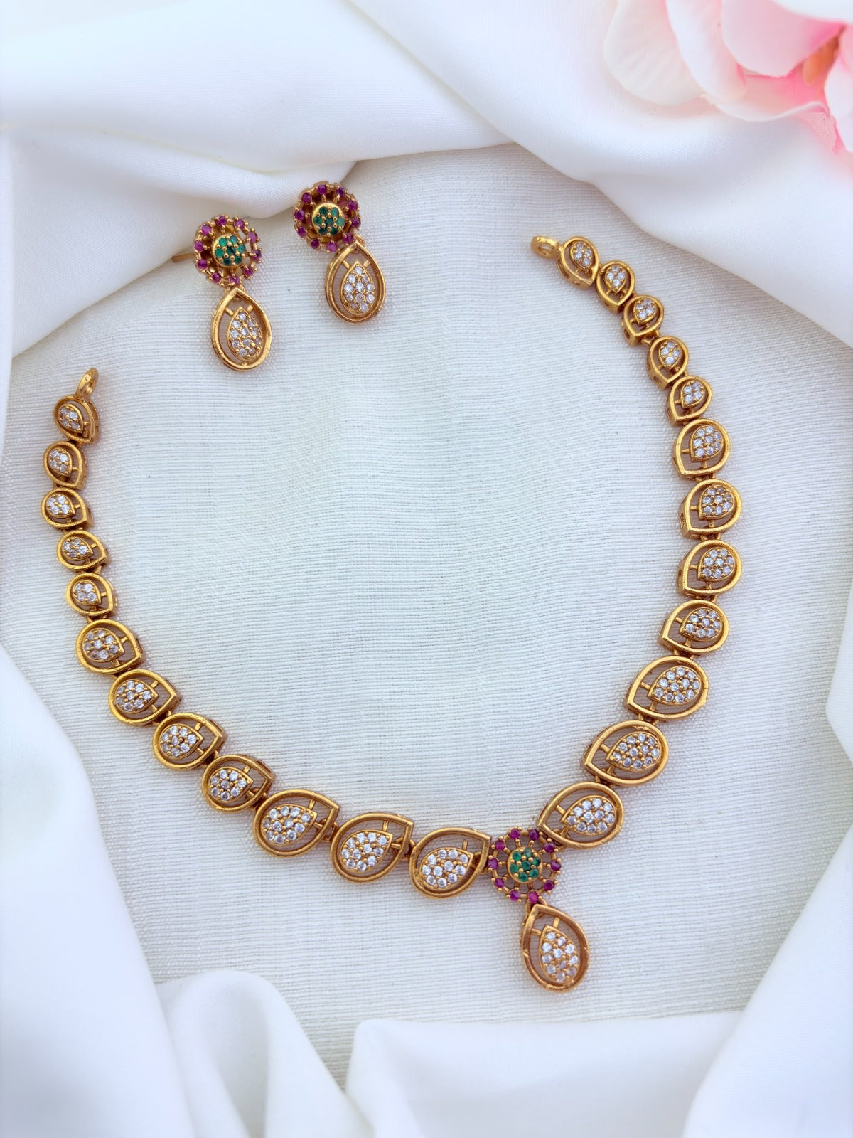 Stylish premium matte finish AD stone necklace with matching earrings