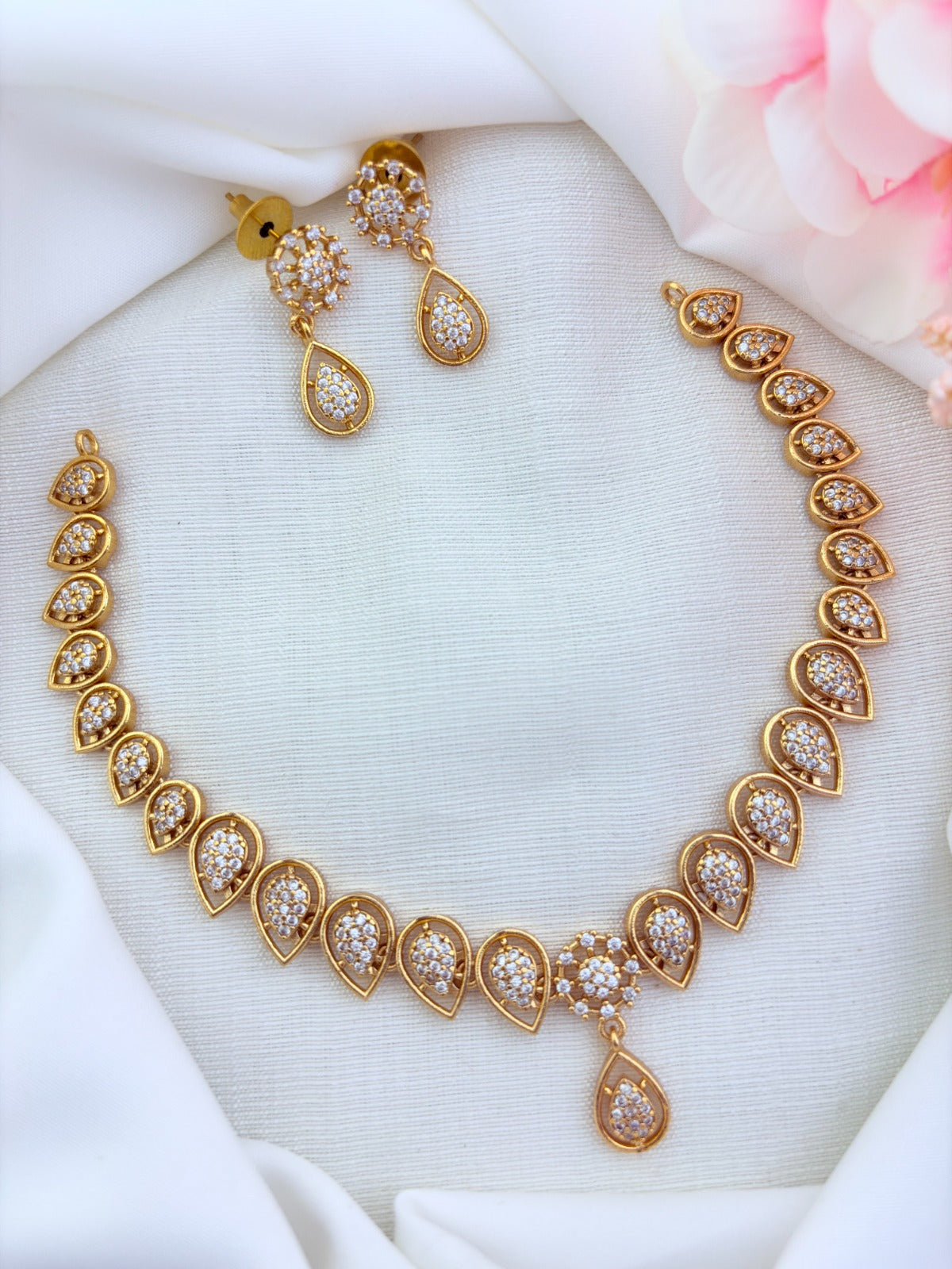 Stylish premium matte finish AD stone necklace with matching earrings