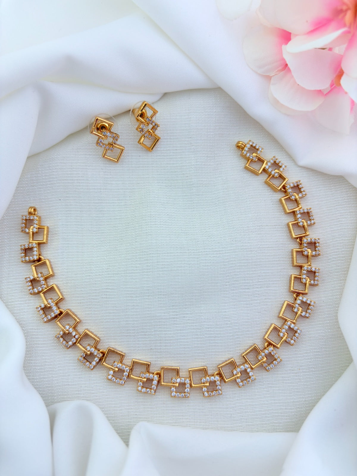 Style in modern elegance -  Premium matte finish AD stone necklace with matching earrings