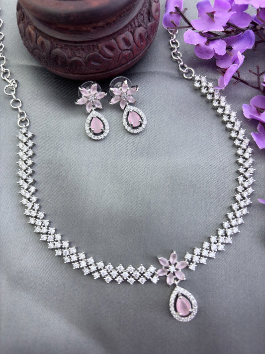 Elegant premium AD stone necklace paired with matching earrings in silver finish