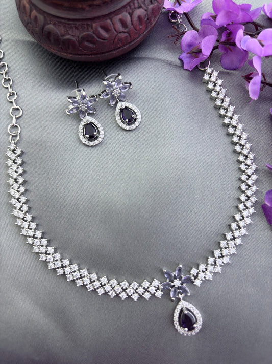 Elegant premium AD stone necklace paired with matching earrings in silver finish