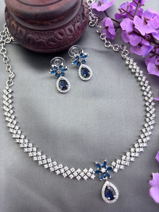 Elegant premium AD stone necklace paired with matching earrings in silver finish