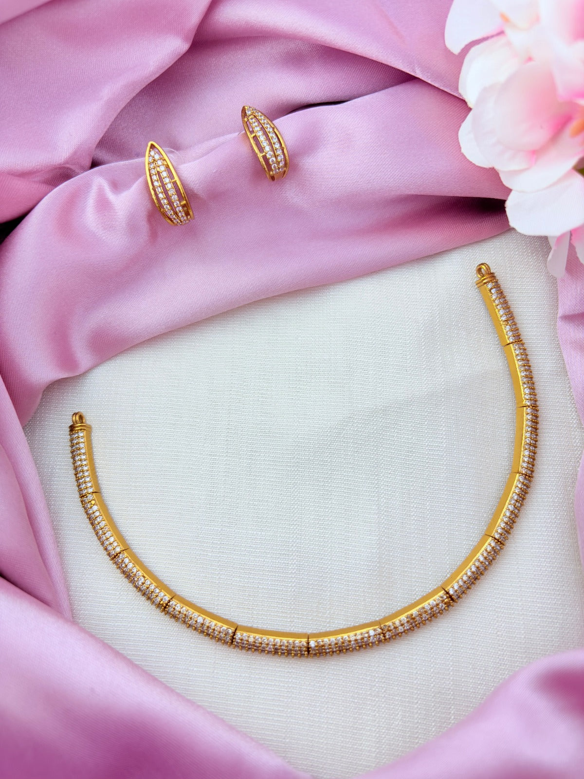 Classic premium matte finish necklace and earrings adorned with AD stones