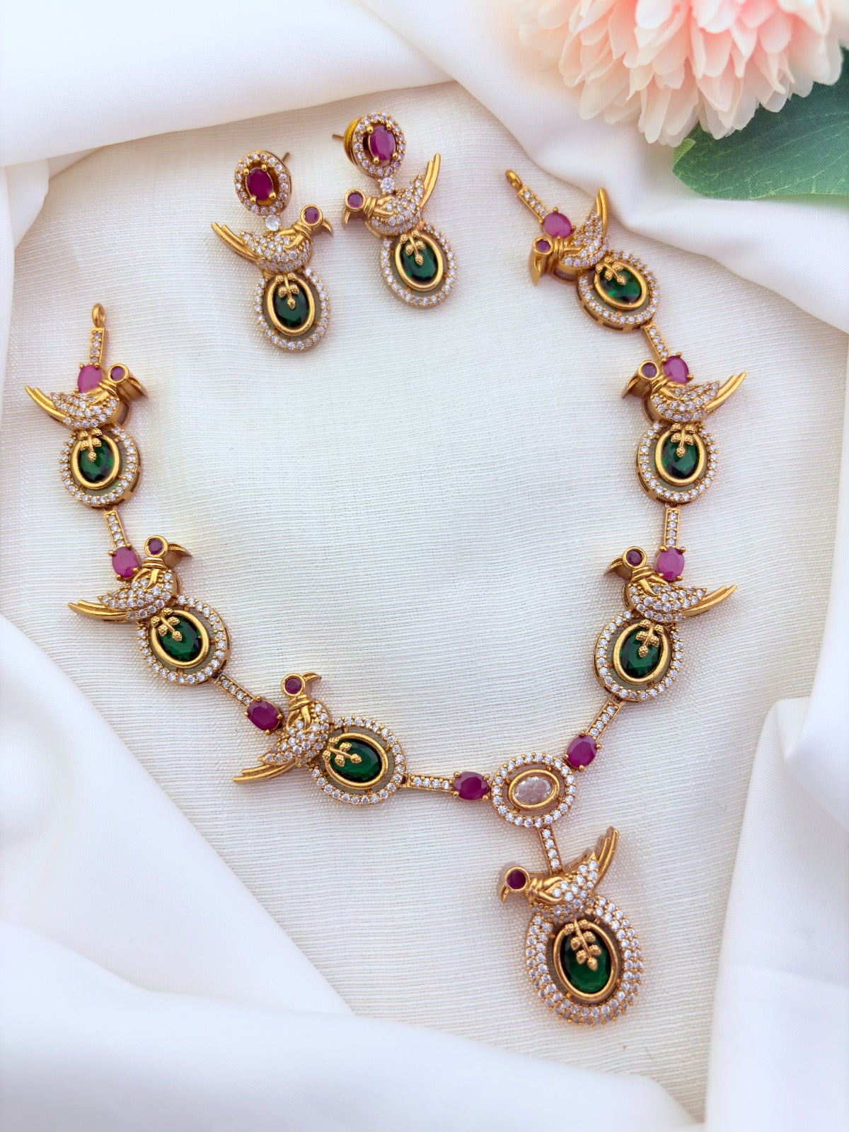 Peacock pattern in modern elegance crafted with classic stones - premium matte finish necklace with matching earrings