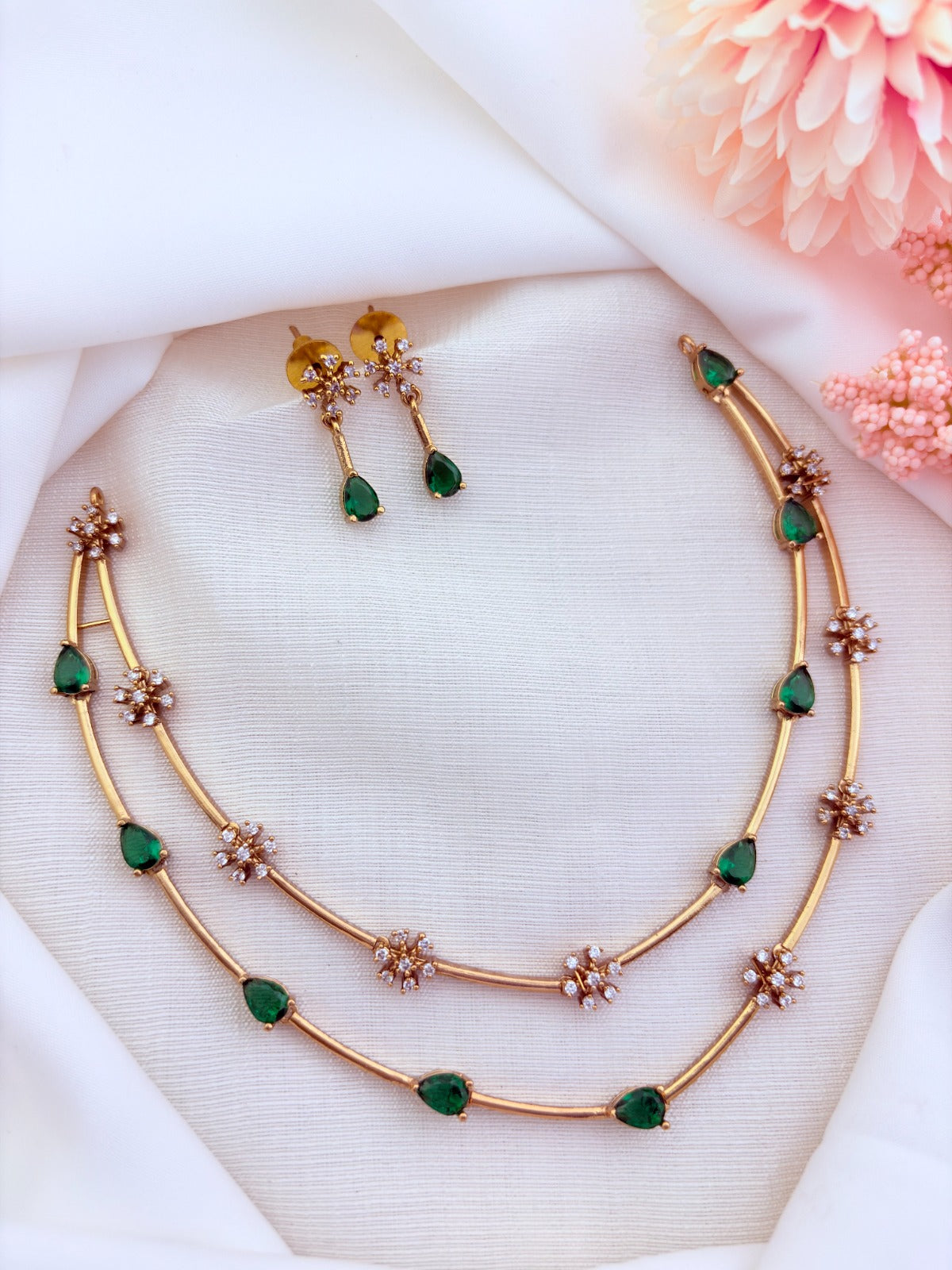 Style in modern elegance -  Premium matte finish two layer necklace and earrings adorned with classic stones