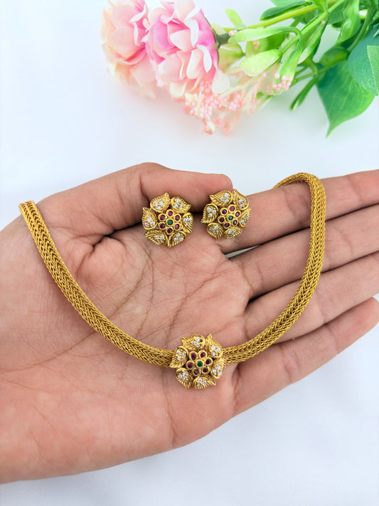 Floral elegance with matching studs premium matte finihs AD choker