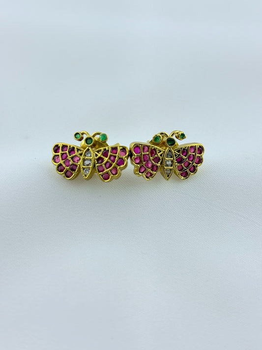 Premium matte finish butterfly necklace and matching stud with classic ruby stones