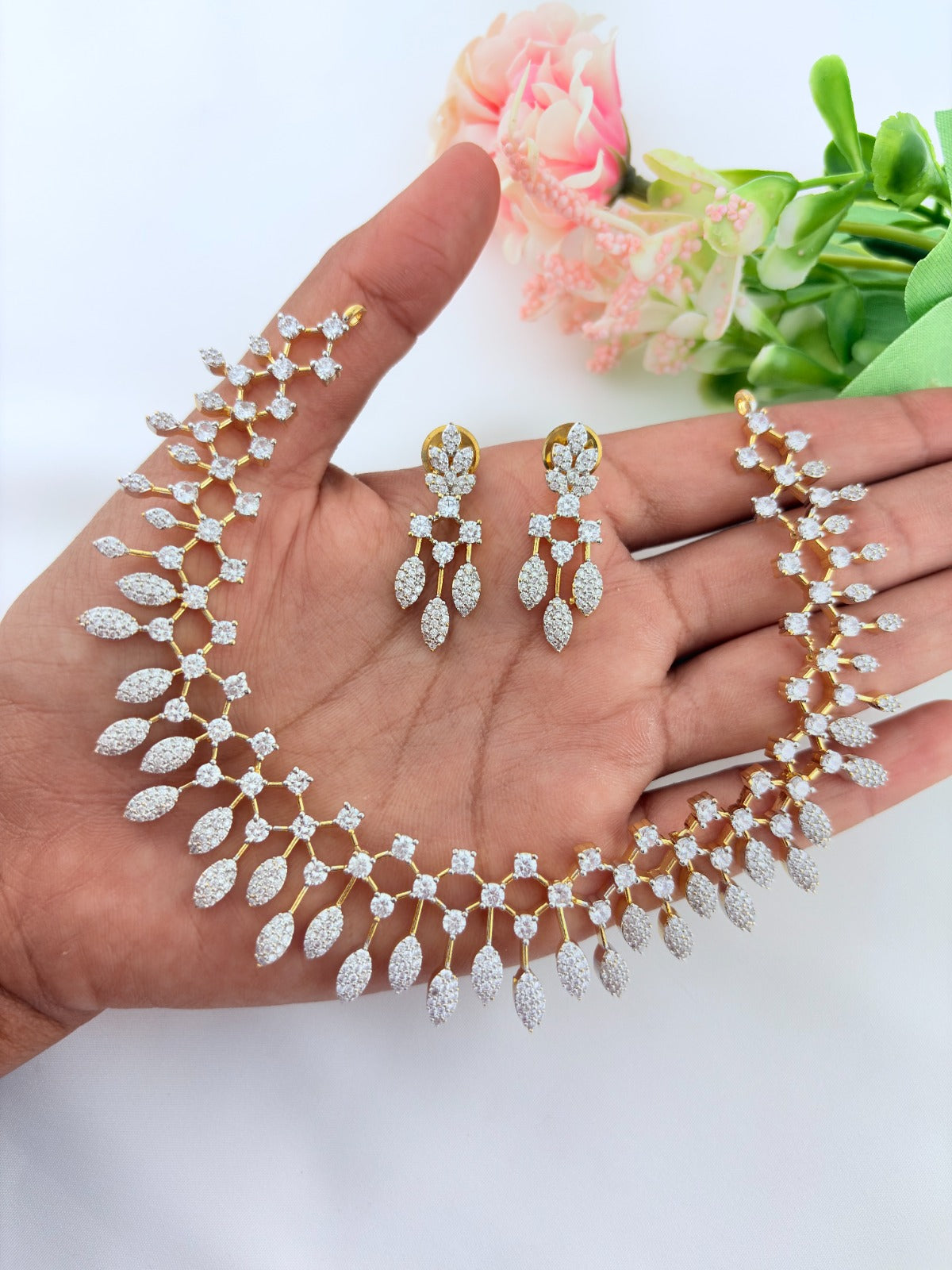 Premium craftsmanship Gj polished Diamond replica necklace with matching earrings