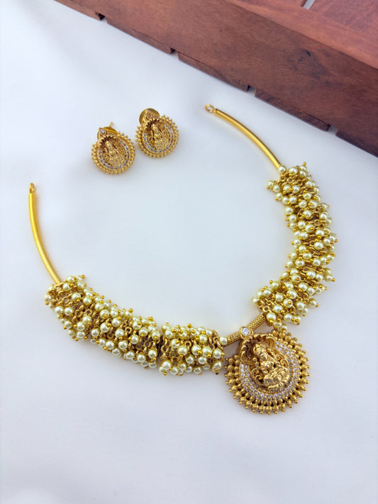 Premium matte finish Temple-inspired necklace adorned with elegant pearl drops