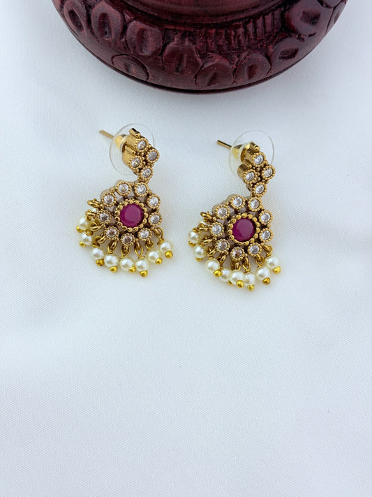 Premium matte antique polish AD necklace and earrings adorned with pearl drops