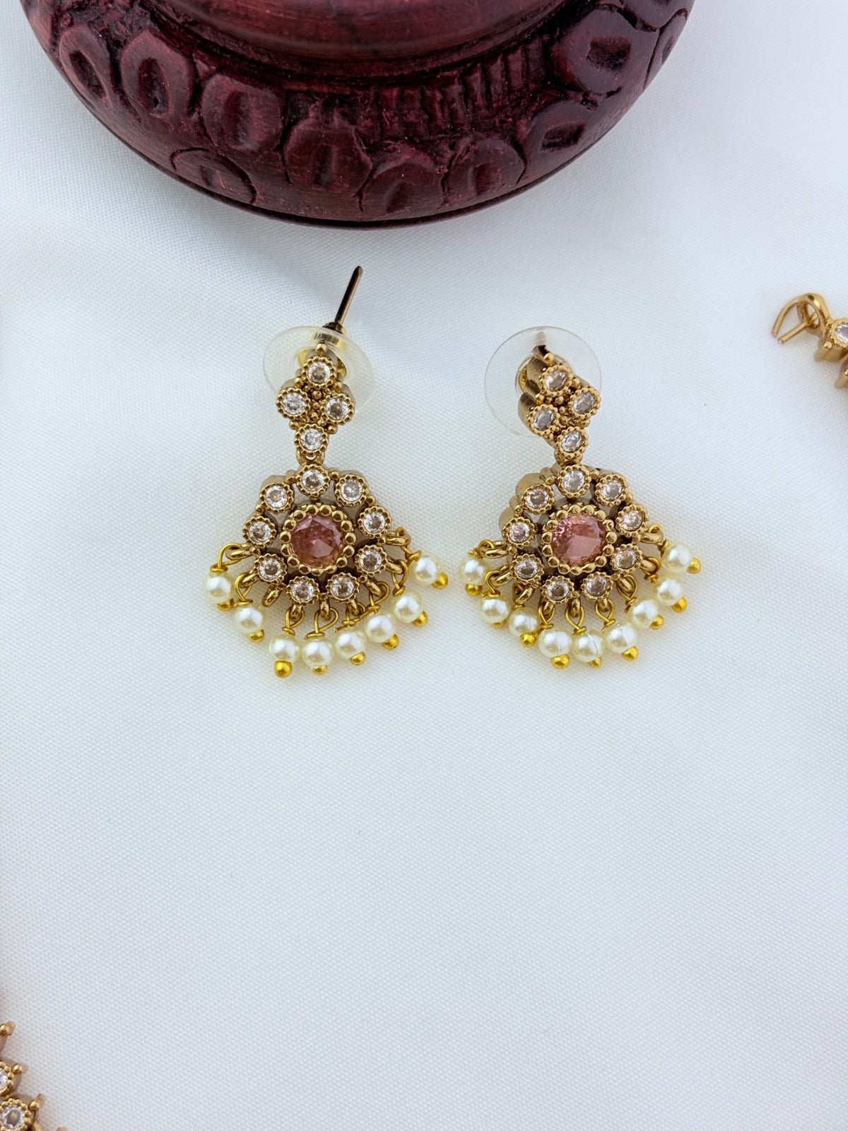 Premium matte antique polish AD necklace and earrings adorned with pearl drops