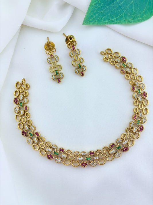 Modern and elegance crafted with AD stones - Matte finish necklace with matching earrings