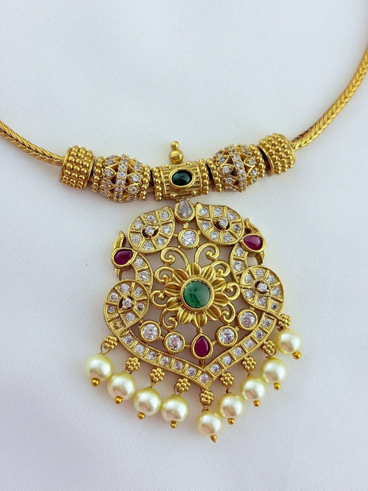 Premium matte finish classic AD stones multi color pendant with matching jumkha adorned with pearl drops