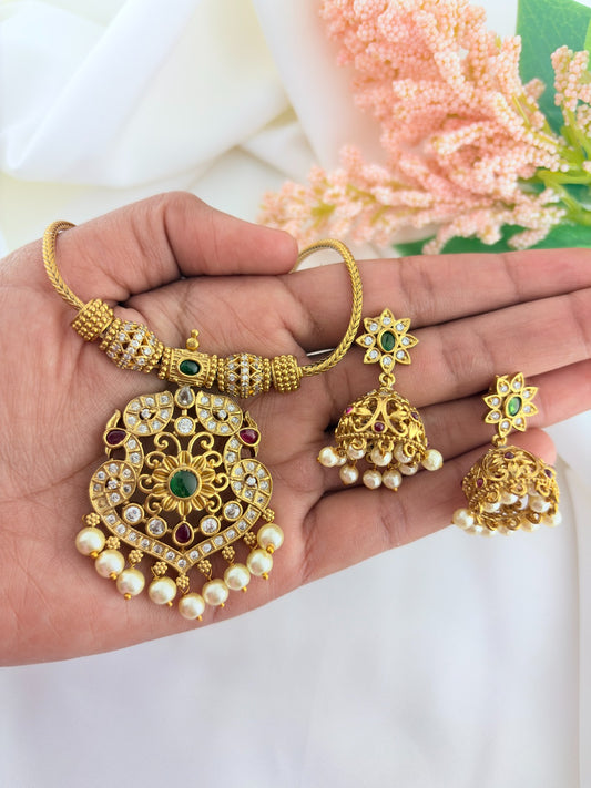 Premium matte finish classic AD stones multi color pendant with matching jumkha adorned with pearl drops