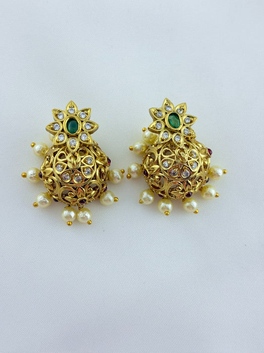 Premium matte finish classic AD stones multi color pendant with matching jumkha adorned with pearl drops