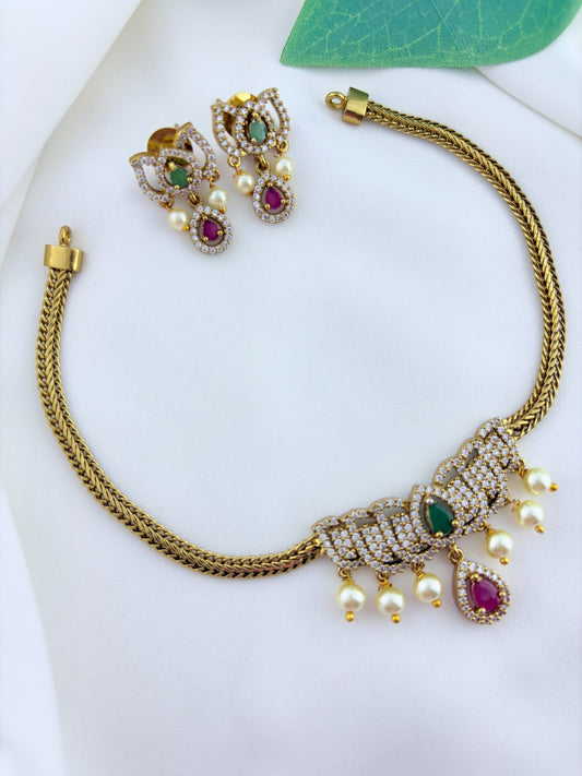 Traditional  lotus design AD necklace - Premium Antique polish necklace and matching earrings with pearl drops