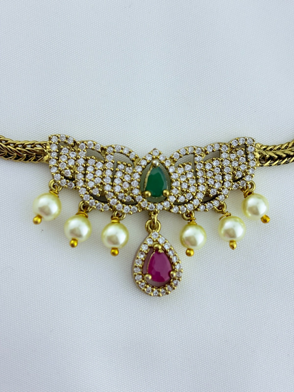 Traditional  lotus design AD necklace - Premium Antique polish necklace and matching earrings with pearl drops