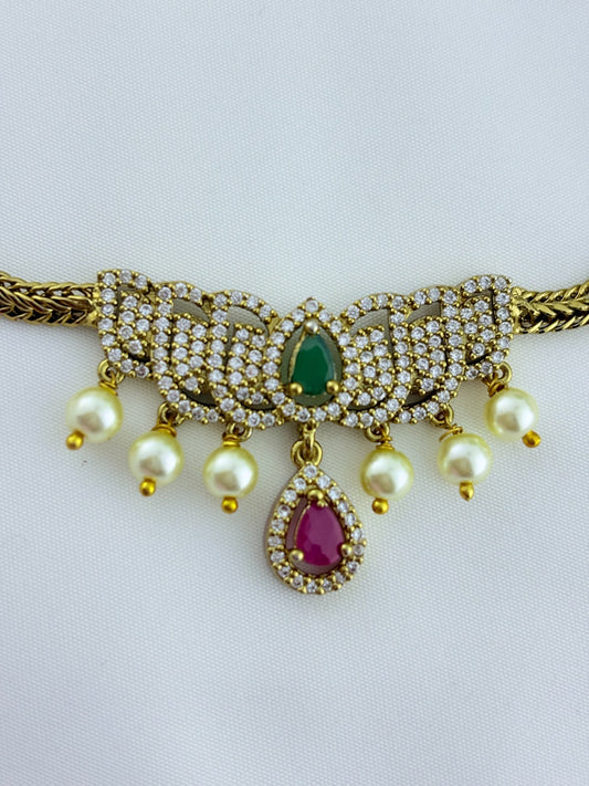 Traditional  lotus design AD necklace - Premium Antique polish necklace and matching earrings with pearl drops