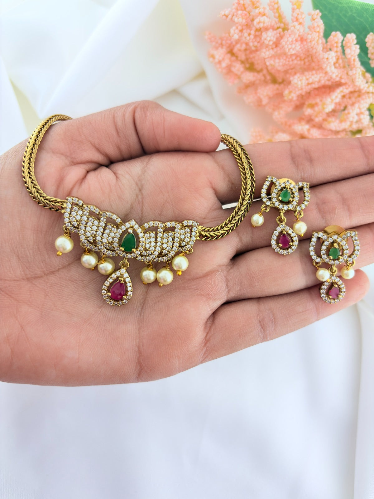 Traditional  lotus design AD necklace - Premium Antique polish necklace and matching earrings with pearl drops