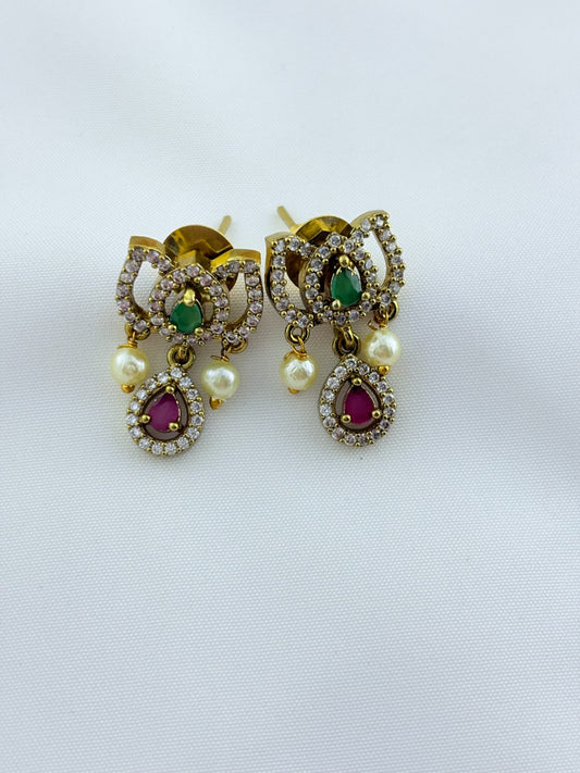 Traditional  lotus design AD necklace - Premium Antique polish necklace and matching earrings with pearl drops