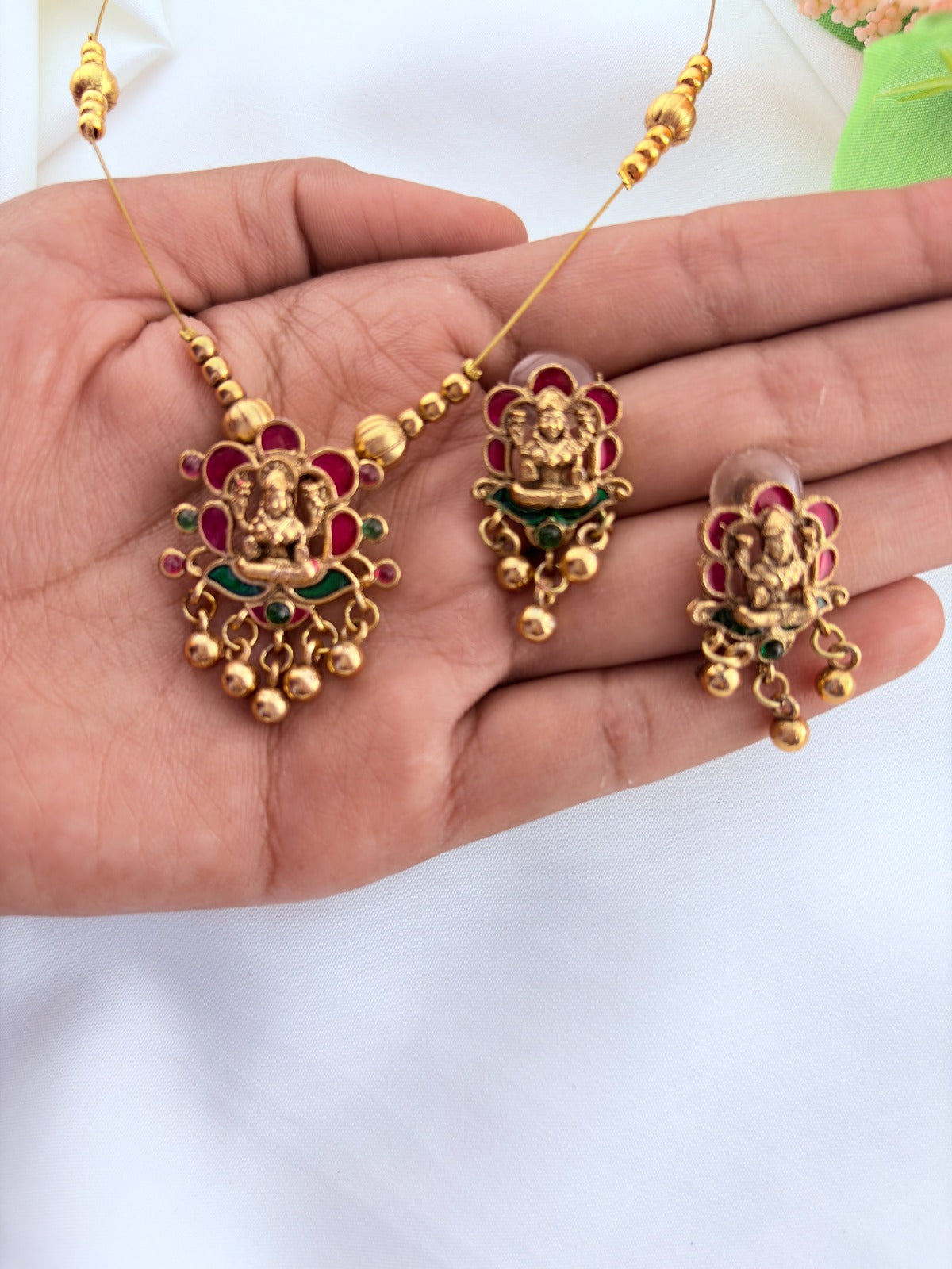 Trendy invisible chain with divine touch - Lakshmi pendant  and matching stud adorned with golden beads