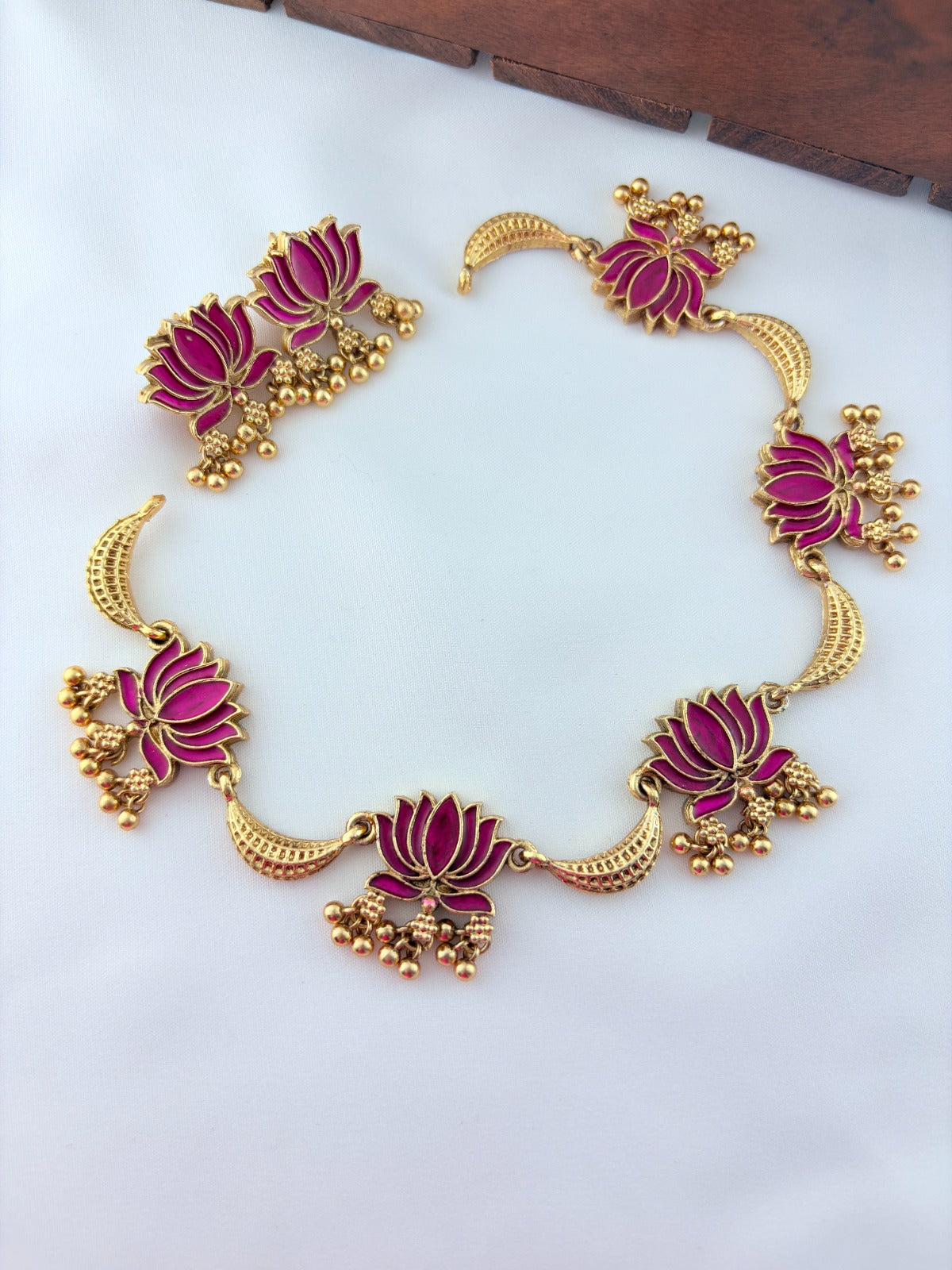 Classic lotus matte finish  neckset featuring golden beads with fine enamel work