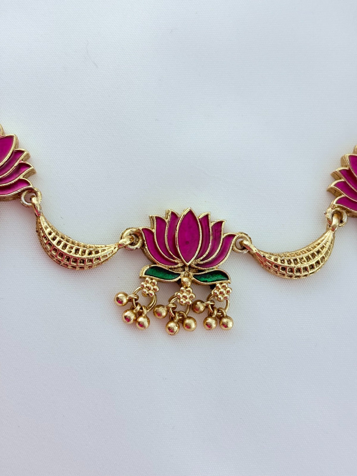 Classic lotus matte finish  neckset featuring golden beads with fine enamel work