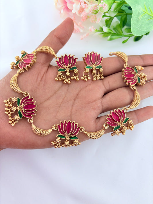 Classic lotus matte finish  neckset featuring golden beads with fine enamel work