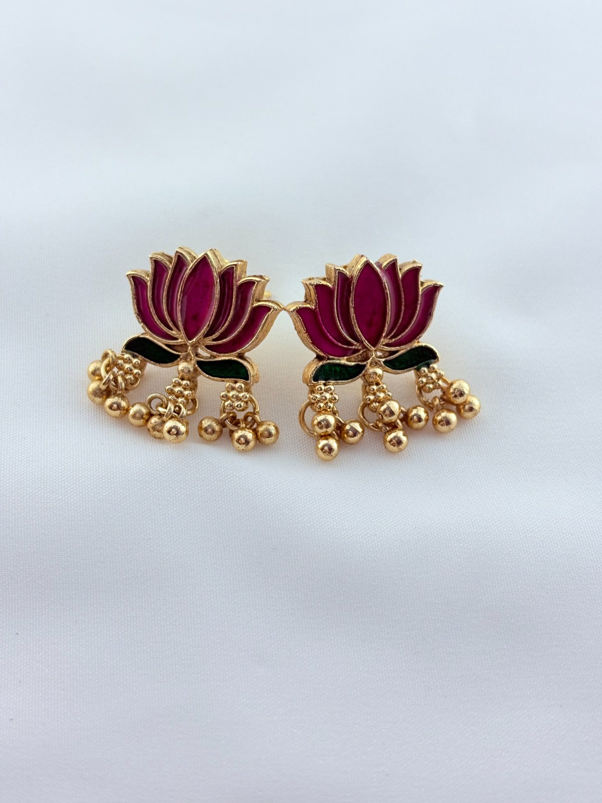 Classic lotus matte finish  neckset featuring golden beads with fine enamel work