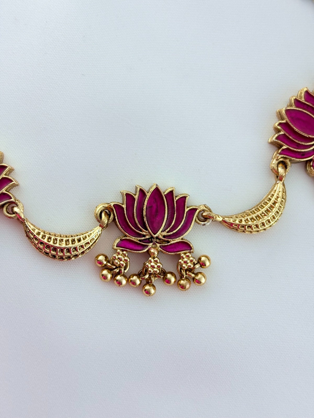 Classic lotus matte finish  neckset featuring golden beads with fine enamel work