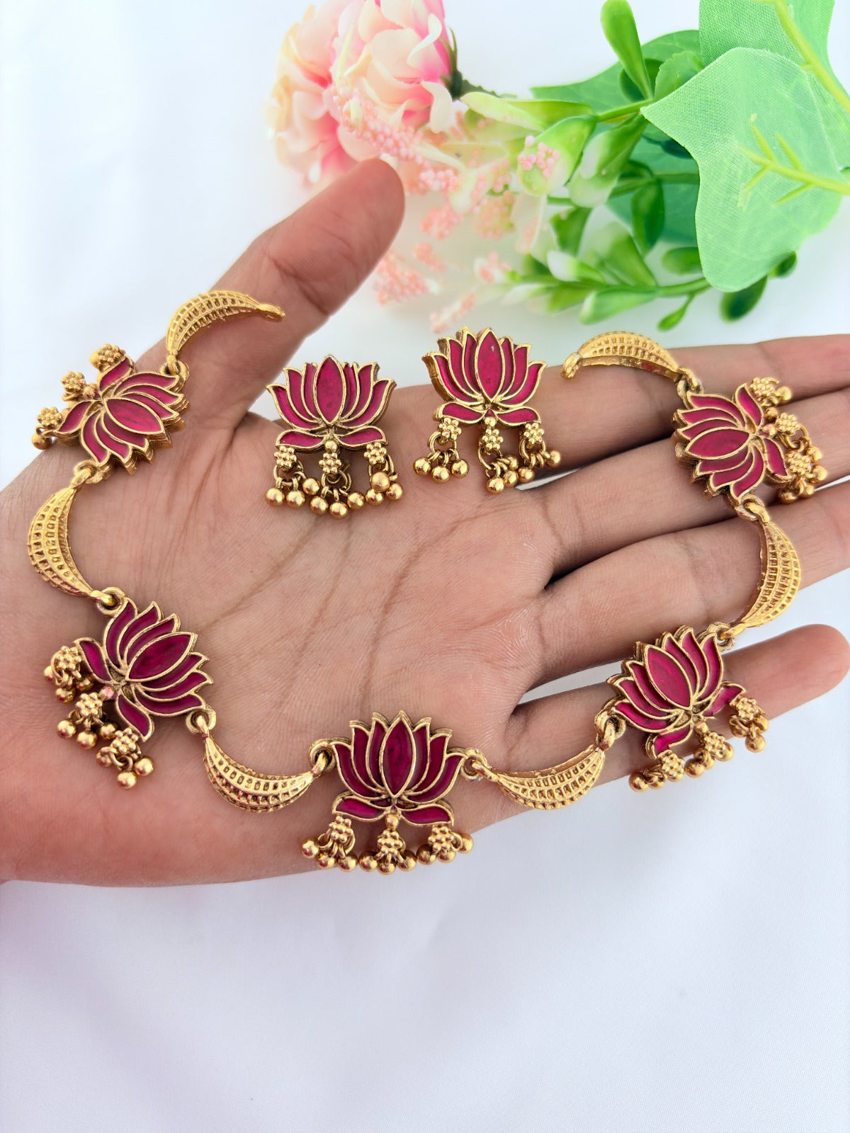 Classic lotus matte finish  neckset featuring golden beads with fine enamel work