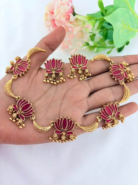 Classic lotus matte finish  neckset featuring golden beads with fine enamel work