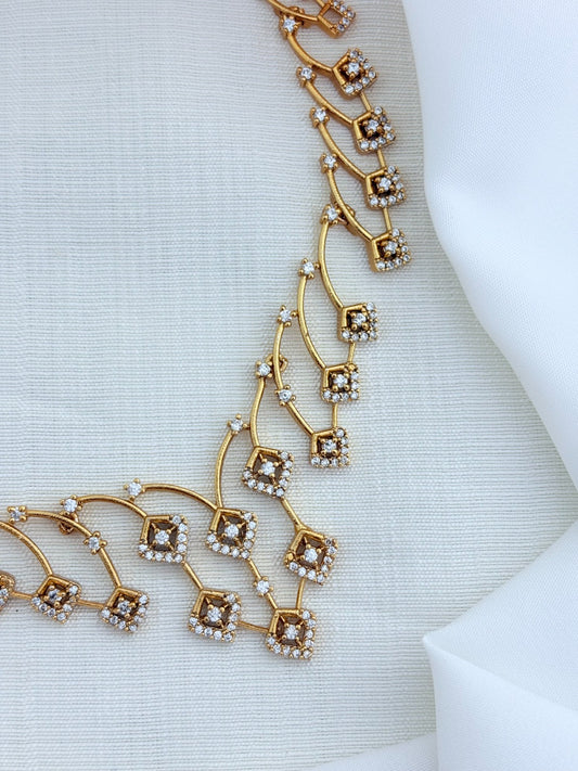 Modern elegance in a short silhouette - Premium matte finish neckset and earrings adorned with AD stones