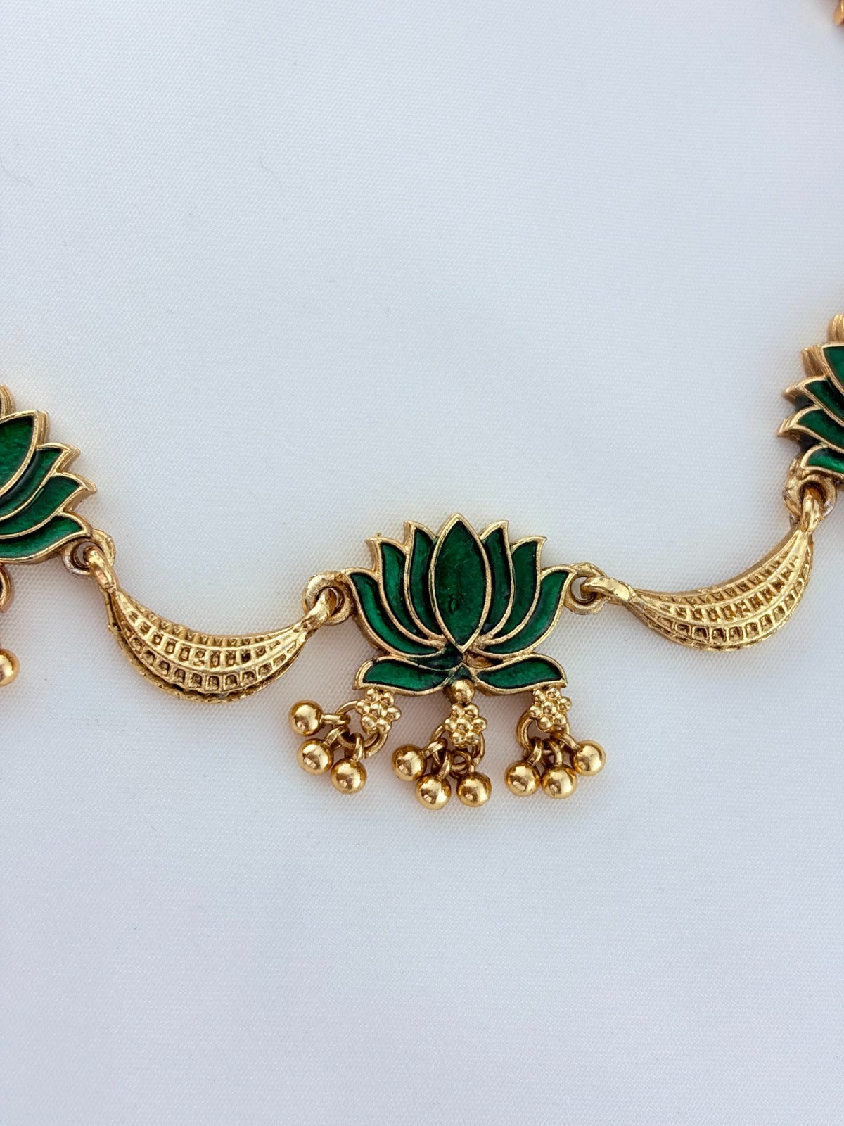 Classic lotus matte finish  neckset featuring golden beads with fine enamel work