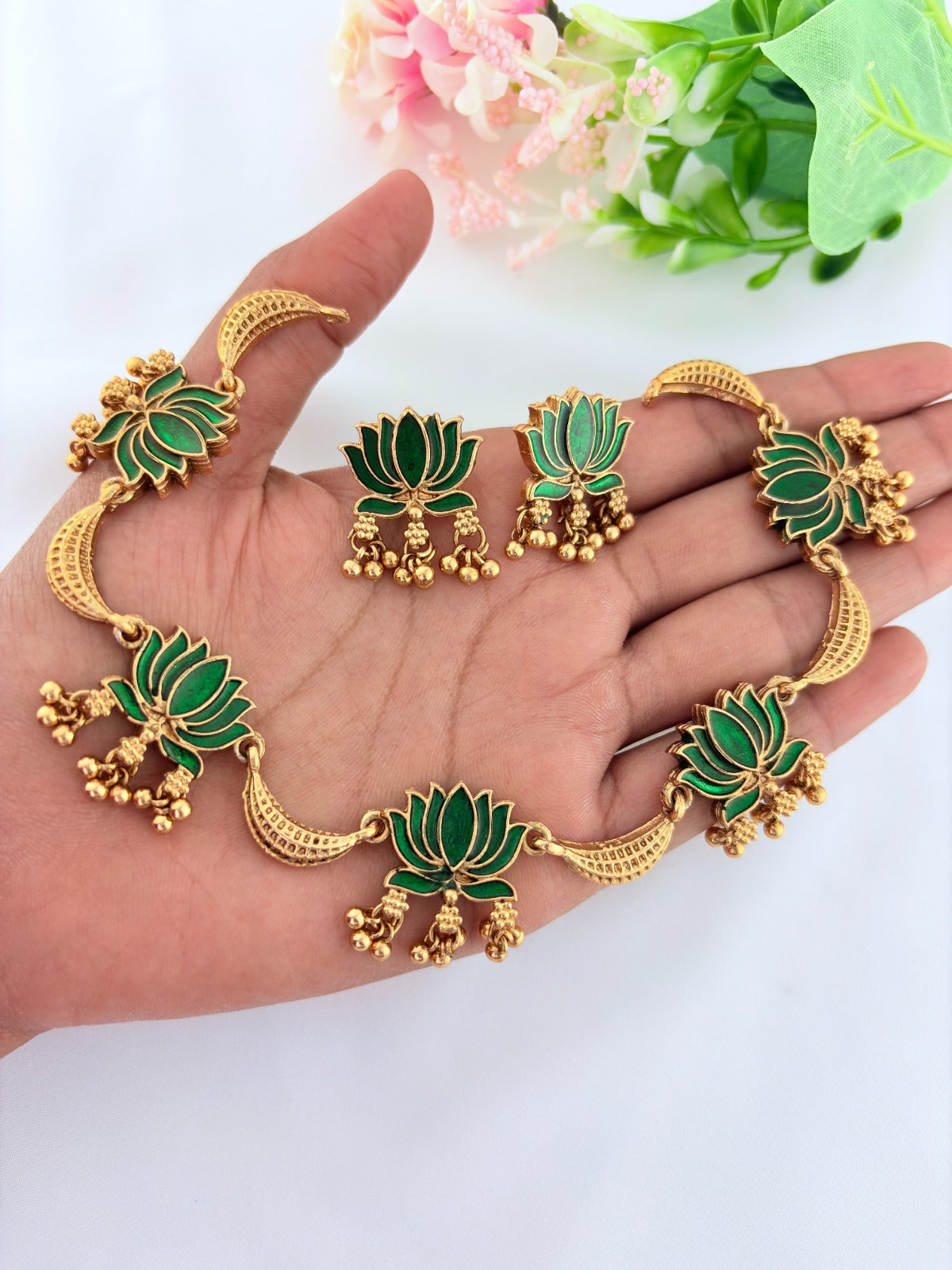 Classic lotus matte finish  neckset featuring golden beads with fine enamel work