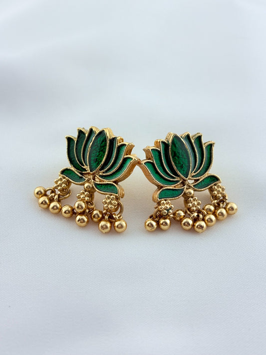 Classic lotus matte finish  neckset featuring golden beads with fine enamel work