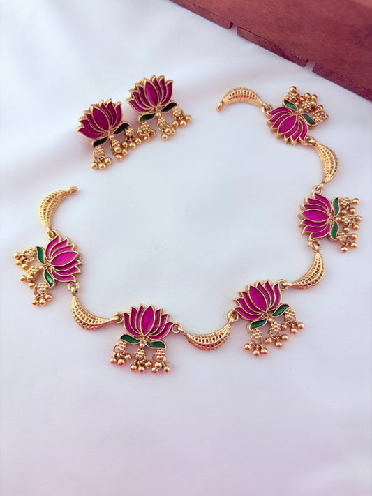 Classic lotus matte finish  neckset featuring golden beads with fine enamel work