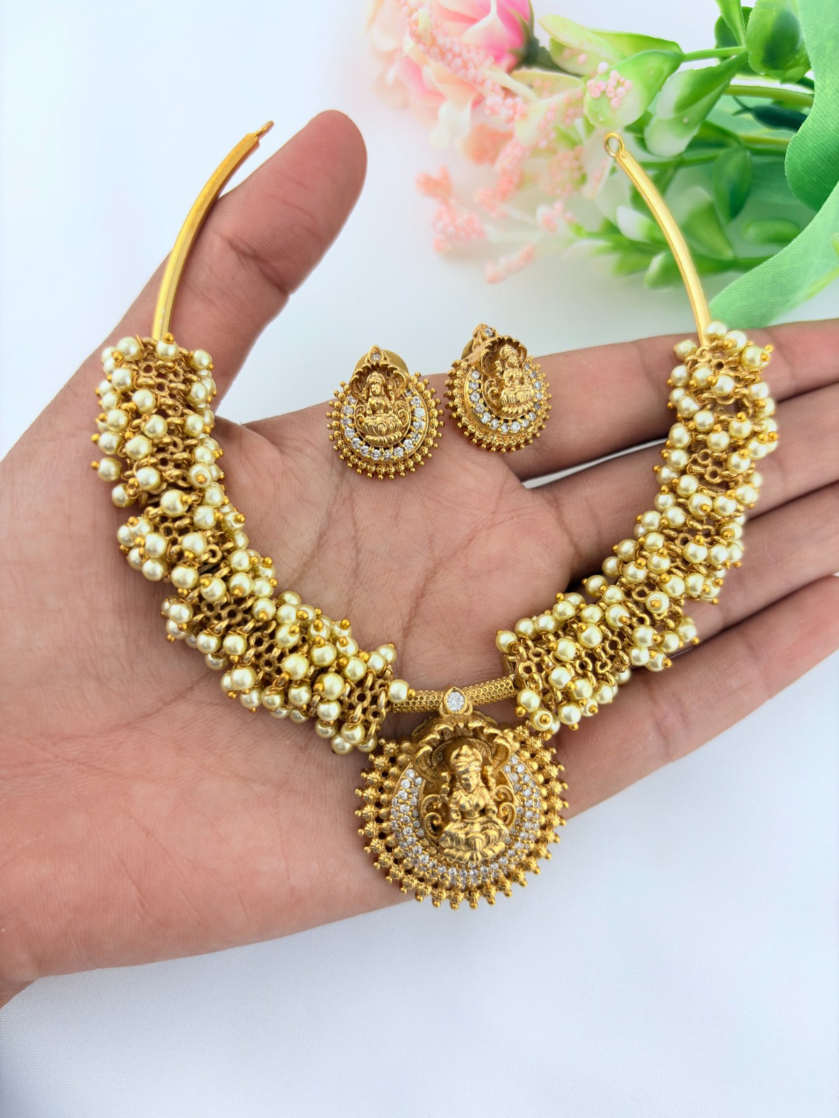 Premium matte finish Temple-inspired necklace adorned with elegant pearl drops