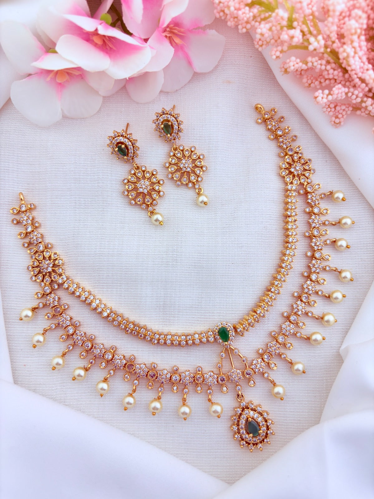 Premium matte finish two layer necklace beautifully designed with classic stones and pearl drops