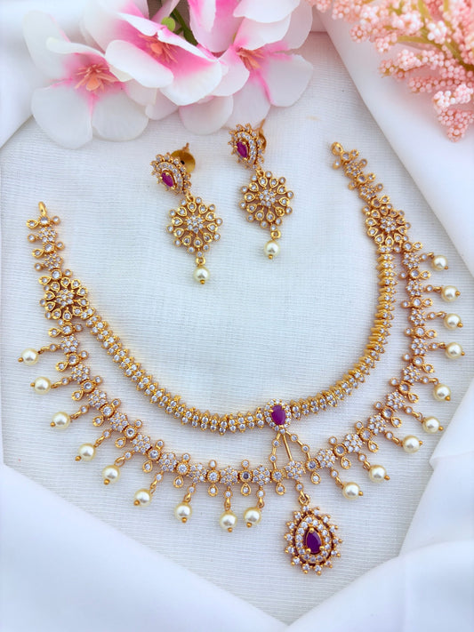 Premium matte finish two layer necklace beautifully designed with classic stones and pearl drops