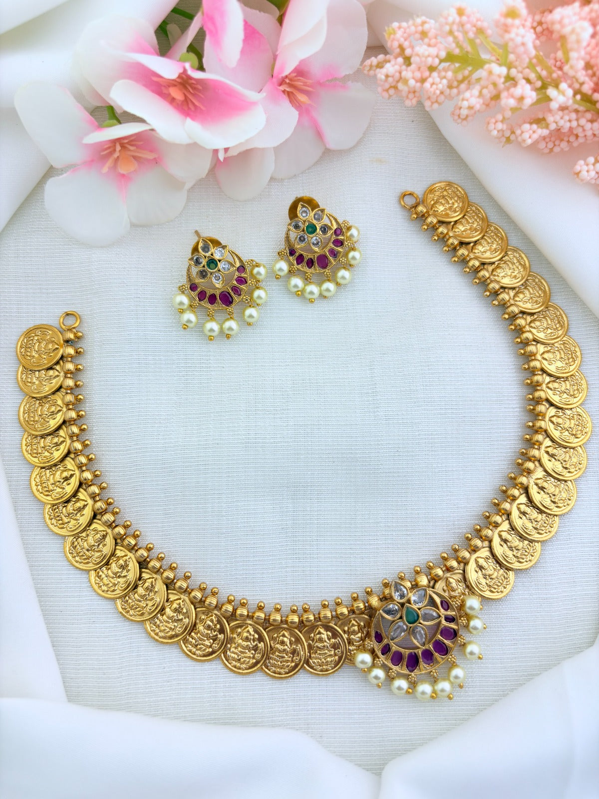 Traditional kaasu maalai pattern with lotus motif - Premium matte finish necklace with matching earrings