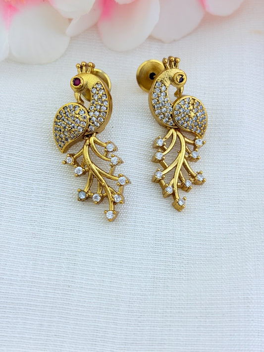 Stylish matte finish necklace featuring peacock design adorned with AD stones