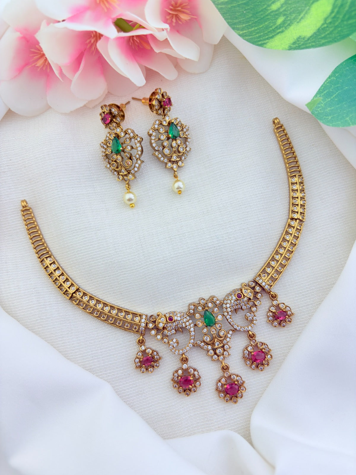 Traditional elephant motif design highlighted with classic stones and stone drops