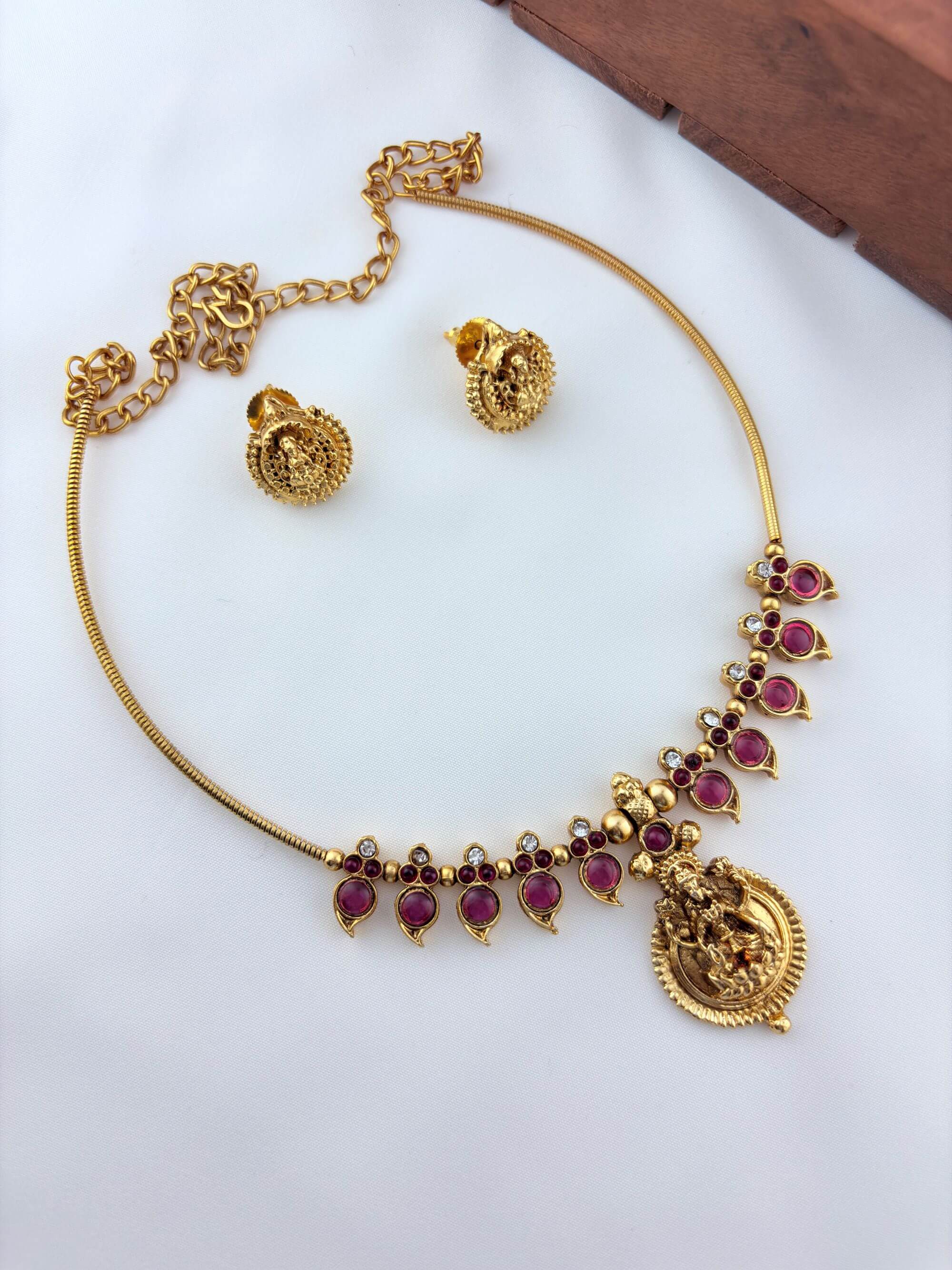 Matte finish lakshmi pendant temple neckset with traditional south indian design
